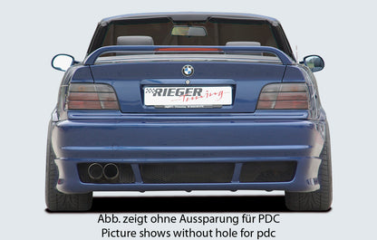 BMW 3er E36 Rieger Heckschürze E46-Look  (auch für 4-Rohr-ESD geeignet) ABS, für Fzg. mit Einparkhilfe (PDC), 
inkl. Alugitter, Gutachten, Montagezubehör