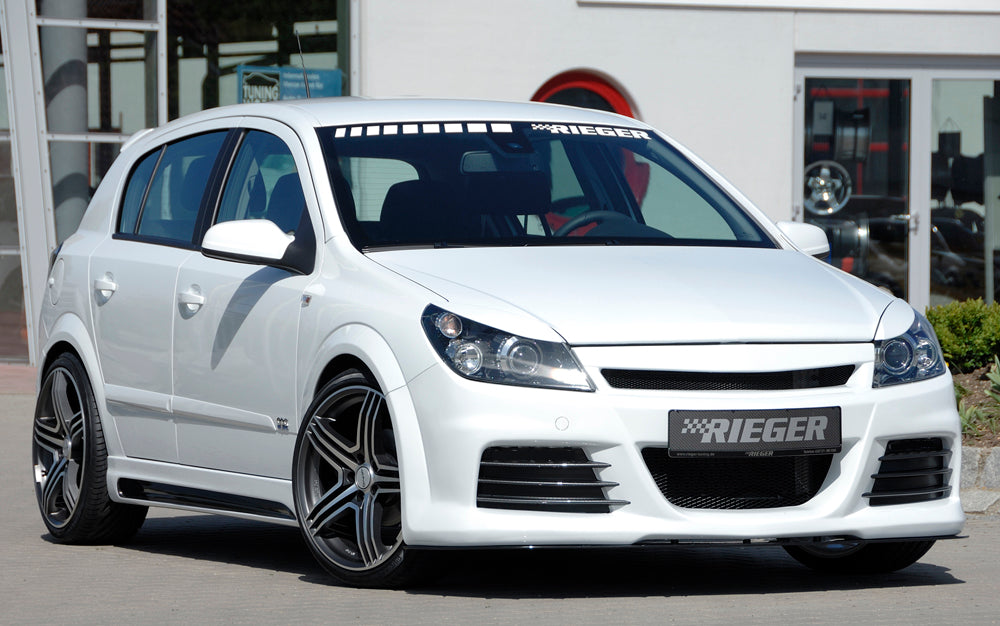 Opel Astra H Rieger Spoilerstoßstange  ABS, für Fzg. mit OPC und ohne OPC, 
inkl. Montagezubehör, Alugitter, Lüftungsschacht, Lufteinlassblende, ABE