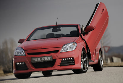 Opel Astra H Rieger Spoilerstoßstange  mit Aussparung für Tagfahrleuchten, ABS, für Fzg. mit OPC und ohne OPC, 
inkl. Montagezubehör, Alugitter, Lüftungsschacht, Lufteinlassblende, ABE