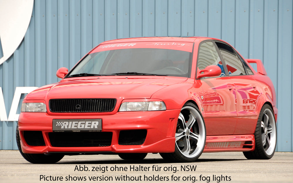 Audi A4 (B5) Rieger Spoilerstoßstange RS-Four-Look  mit kleiner Aussparung für Waschdüsen (48x40mm) mit Halter f. orig. NSW, ABS, für Fzg. mit Scheinwerferreinigungsanlage, 
inkl. Alugitter, Montagezubehör, ABE