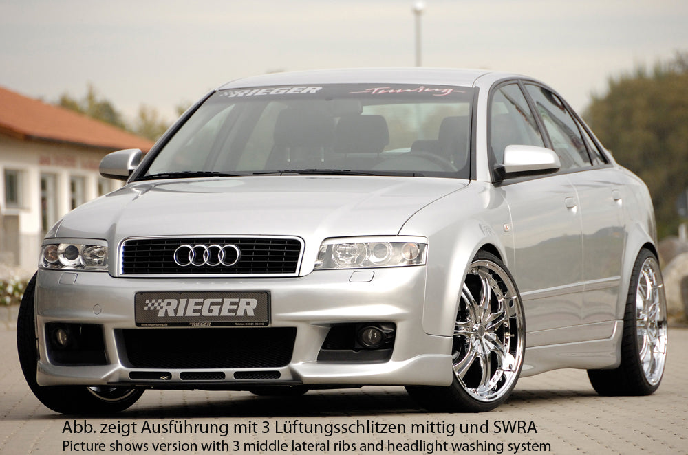 Audi A4 (8E) Typ B6 Rieger Spoilerstoßstange neues Design  ohne Waschdüse, ohne PDC und Schlitze ohne Lüftungsschlitze, ABS, 
inkl. Alugitter, Montagezubehör, ABE