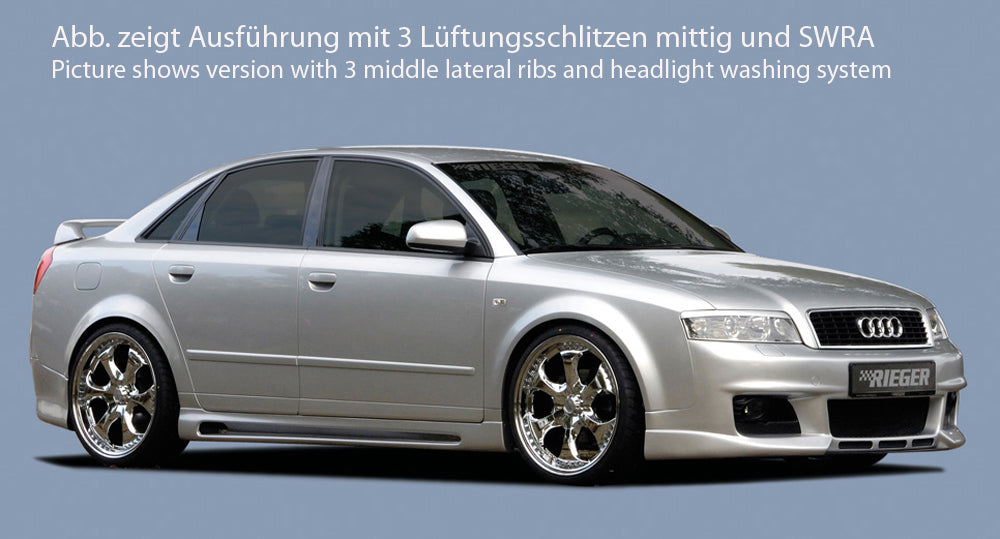 Audi A4 (8E) Typ B6 Rieger Spoilerstoßstange neues Design  ohne Waschdüse, ohne PDC und Schlitze ohne Lüftungsschlitze, ABS, 
inkl. Alugitter, Montagezubehör, ABE