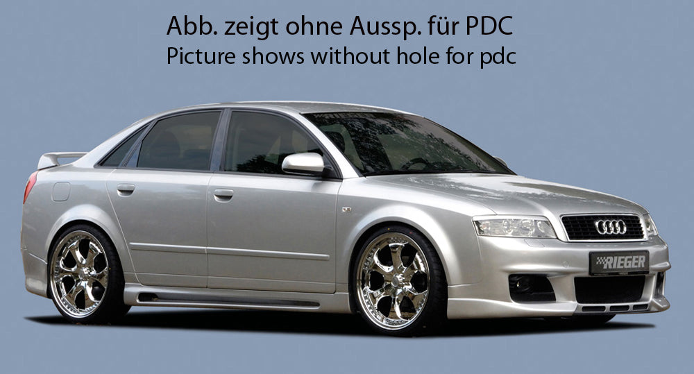 Audi A4 (8E) Typ B6 Rieger Spoilerstoßstange neues Design   mit 3 Lüftungsschlitzen mittig, ABS, für Fzg. mit Scheinwerferreinigungsanlage, Einparkhilfe (PDC), 
inkl. Alugitter, Montagezubehör, ABE