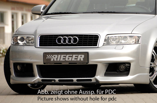 Audi A4 (8E) Typ B6 Rieger Spoilerstoßstange neues Design   mit 3 Lüftungsschlitzen mittig, ABS, für Fzg. mit Scheinwerferreinigungsanlage, Einparkhilfe (PDC), 
inkl. Alugitter, Montagezubehör, ABE