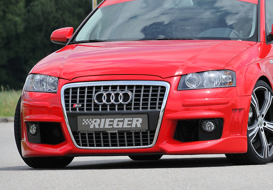 Audi A3 (8P) Rieger Spoilerstoßstange R-Frame  auch für A3 (8P) 3-tür. Facelift 06.05-06.08 mit Halter f. orig. NSW, mit seitlichen Rippen, ABS, 
inkl. Alugitter, Montagezubehör, ABE