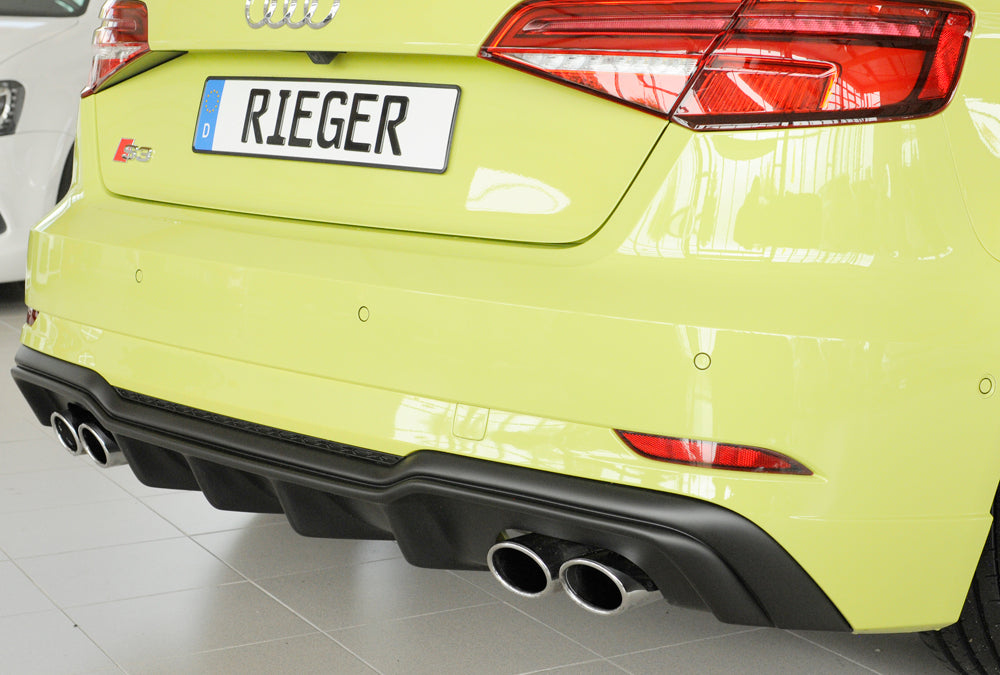 Audi A3 S3 (8V) Rieger Heckeinsatz nur S3 (8V) Schrägheck / Sportback für orig. Doppelendrohr li u. re, (4x90x72mm oval), ABS, für Fzg. mit S-Line Exterieur, 
inkl. Montagezubehör, Gutachten