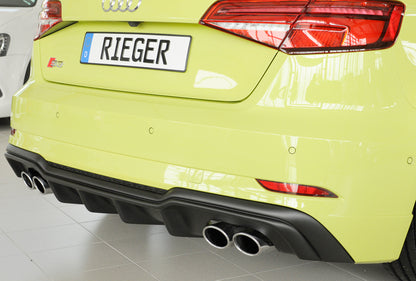 Audi A3 S3 (8V) Rieger Heckeinsatz nur S3 (8V) Schrägheck / Sportback für orig. Doppelendrohr li u. re, (4x90x72mm oval), ABS, für Fzg. mit S-Line Exterieur, 
inkl. Montagezubehör, Gutachten