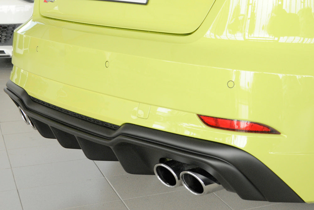 Audi A3 S3 (8V) Rieger Heckeinsatz nur S3 (8V) Schrägheck / Sportback für orig. Doppelendrohr li u. re, (4x90x72mm oval), ABS, für Fzg. mit S-Line Exterieur, 
inkl. Montagezubehör, Gutachten