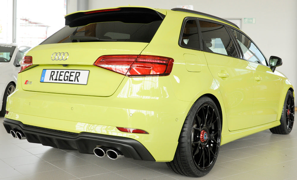 Audi A3 S3 (8V) Rieger Heckeinsatz nur S3 (8V) Schrägheck / Sportback für orig. Doppelendrohr li u. re, (4x90x72mm oval), ABS, für Fzg. mit S-Line Exterieur, 
inkl. Montagezubehör, Gutachten