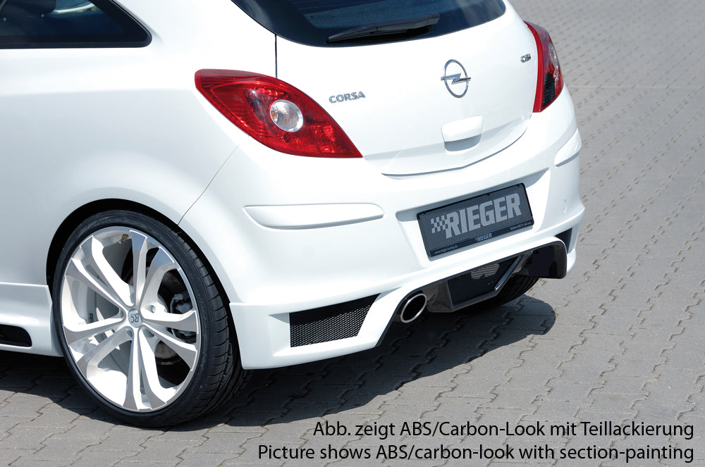 Opel Corsa D Rieger Heckschürzenansatz  für Endrohr li., ABS, 
inkl. Montagezubehör, Alugitter