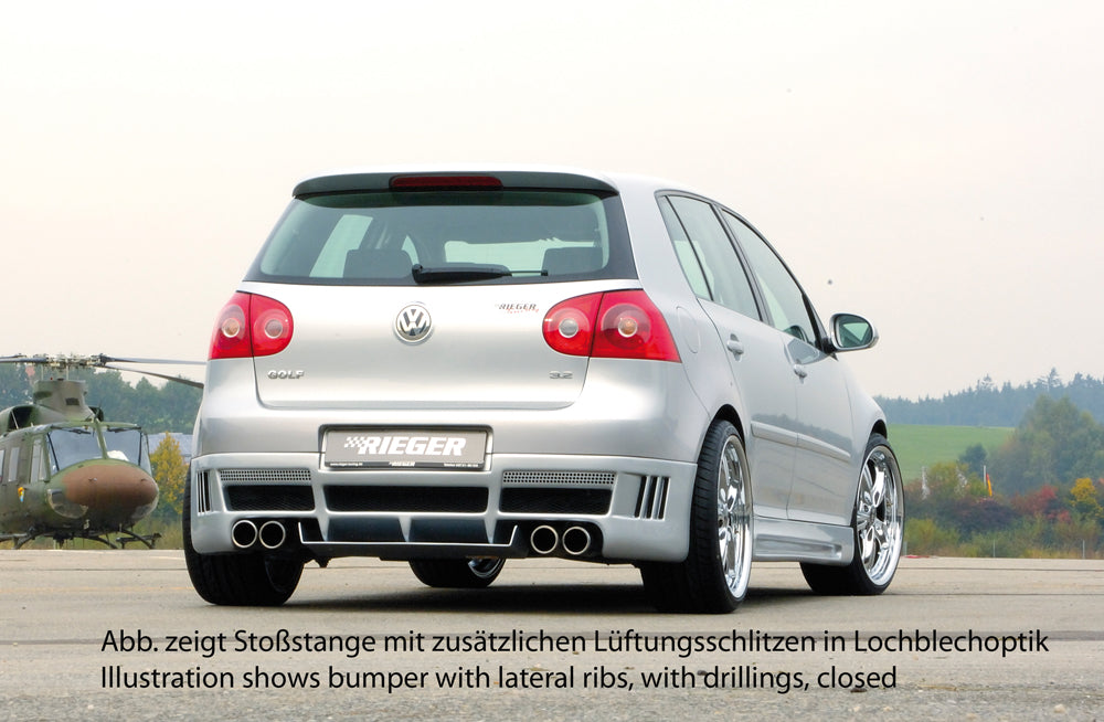 VW Golf 5 Rieger Heckansatz   (je 3 Schlitze) mit zusätzlichen Lüftungsschlitzen, offen, ABS, 
inkl. Alugitter, Montagezubehör, ABE