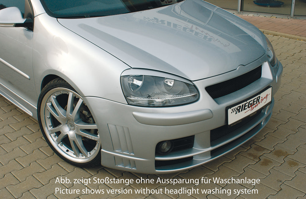 VW Golf 5 Rieger Spoilerstoßstange   Abdeckkappen werden vom orig. übernommen! mit Lüftungsschlitzen, oben, unten, ABS, für Fzg. mit Scheinwerferreinigungsanlage, 
inkl. Alugitter, Montagezubehör, ABE