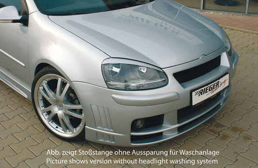 VW Golf 5 Rieger Spoilerstoßstange   Abdeckkappen werden vom orig. übernommen! mit Lüftungsschlitzen, oben, unten, ABS, für Fzg. mit Scheinwerferreinigungsanlage, 
inkl. Alugitter, Montagezubehör, ABE