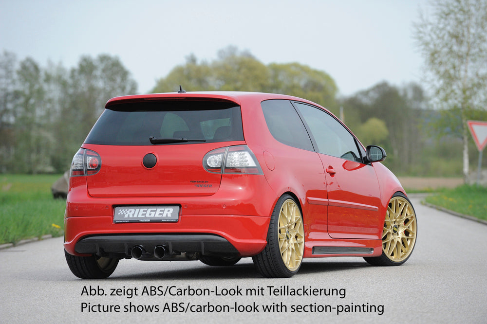 VW Golf 5 Rieger Heckschürzenansatz R-Look (Golf 5 u. Golf 5 GTI) für Doppelendrohr mittig, ABS, 
inkl. Montagezubehör, Gutachten