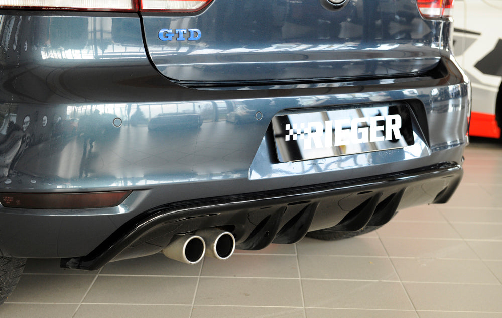 VW Golf 6 Rieger Heckeinsatz mit 2 Doppelfinnen  für orig. Doppelendrohr li, ABS, schwarz glänzend, 
inkl. Montagezubehör, Gutachten