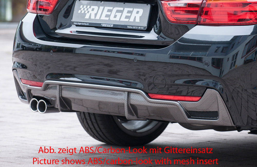 BMW 4er F32  (3C) Rieger Heckeinsatz nur für M-Paket-Heckschürze für orig. Doppelendrohr li, ABS, schwarz glänzend, für Fzg. mit M-Technik, 
inkl. Montagezubehör, Gutachten