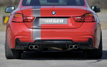BMW 4er F32  (3C) Rieger Heckeinsatz nur für M-Paket-Heckschürze für Doppelendrohr li. u. re. (435i-/440i-Look), (4x80mm ø), ABS, schwarz glänzend, für Fzg. mit M-Technik, 
inkl. Montagezubehör, Gutachten