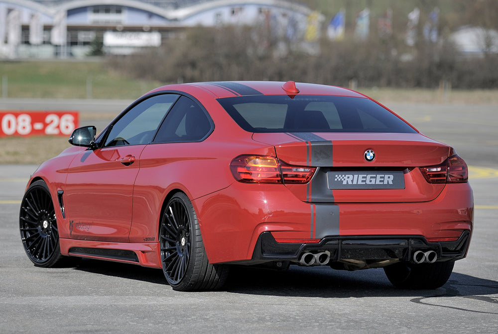 BMW 4er F32  (3C) Rieger Heckeinsatz nur für M-Paket-Heckschürze für Doppelendrohr li. u. re. (435i-/440i-Look), (4x80mm ø), ABS, schwarz glänzend, für Fzg. mit M-Technik, 
inkl. Montagezubehör, Gutachten