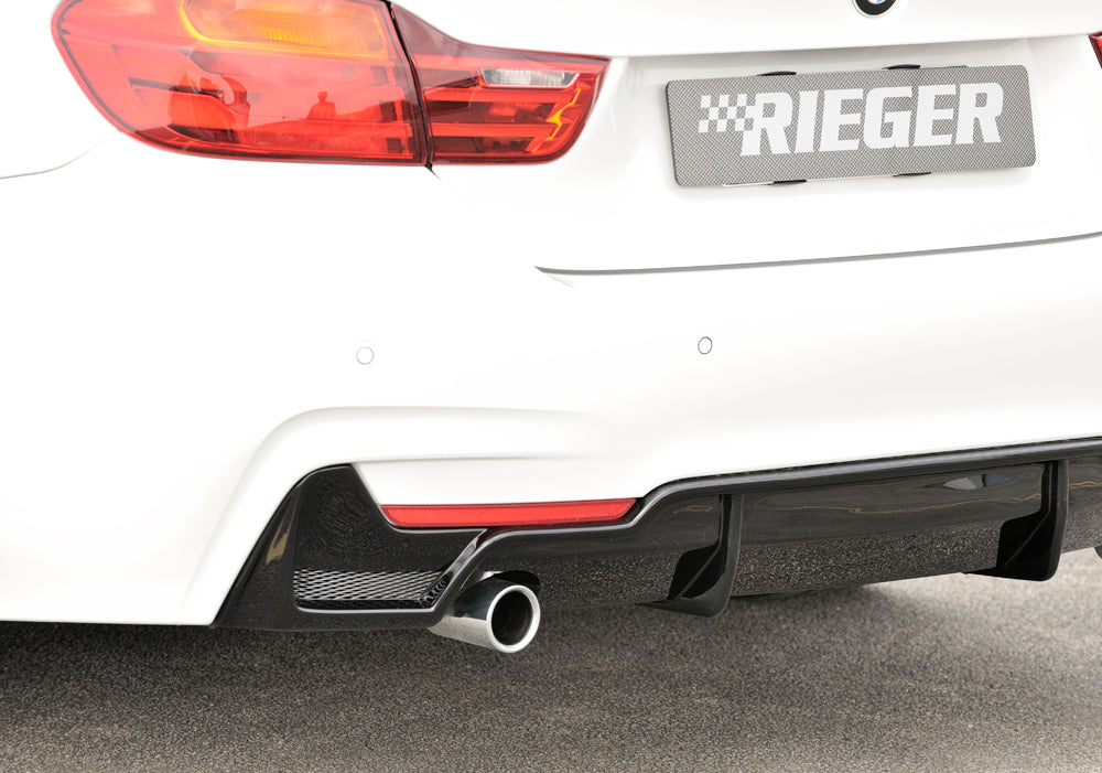 BMW 4er F32  (3C) Rieger Heckeinsatz nur für M-Paket-Heckschürze mit Gittereinsatz li./re., für orig. Endrohr li., ABS, schwarz glänzend, für Fzg. mit M-Technik, 
inkl. Alugitter, Montagezubehör, Gutachten
