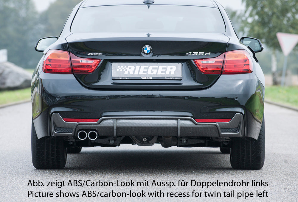 BMW 4er F32  (3C) Rieger Heckeinsatz nur für M-Paket-Heckschürze mit Gittereinsatz li./re., für orig. Endrohr li., ABS, schwarz glänzend, für Fzg. mit M-Technik, 
inkl. Alugitter, Montagezubehör, Gutachten
