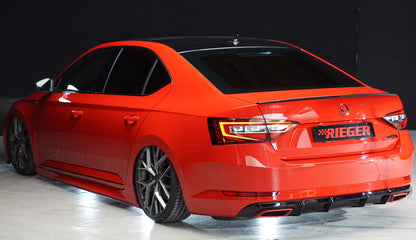 Skoda Superb III (3T/3V) Rieger Heckeinsatz nur 2.0 TSI (200/206kW) für orig. Endrohrblende li. u. re., ABS, schwarz glänzend, für Fzg. mit Anhängekupplung, Einparkhilfe (PDC), 
inkl. Montagezubehör, Gutachten