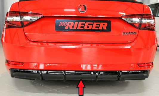 Skoda Superb III (3T/3V) Rieger Heckeinsatz ohne Aussparung für Endrohrblenden ABS, schwarz glänzend, für Fzg. mit Einparkhilfe (PDC), 
inkl. Montagezubehör, Gutachten