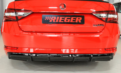 Skoda Superb III (3T/3V) Rieger Heckeinsatz ohne Aussparung für Endrohrblenden ABS, schwarz glänzend, für Fzg. mit Anhängekupplung, Einparkhilfe (PDC), 
inkl. Montagezubehör, Gutachten