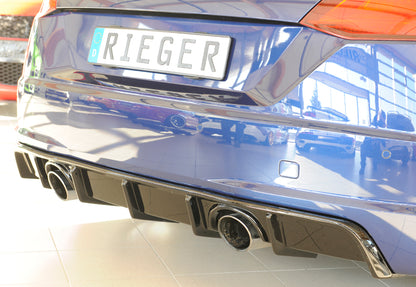 Audi TT (8J-FV/8S) Rieger Heckeinsatz  für orig. Endrohr li. u. re., ABS, schwarz glänzend, für Fzg.
mit S-Line Exterieur (bis Facelift), 
ohne S-Line Exterieur (ab Facelift), 
inkl. Montagezubehör, Gutachten