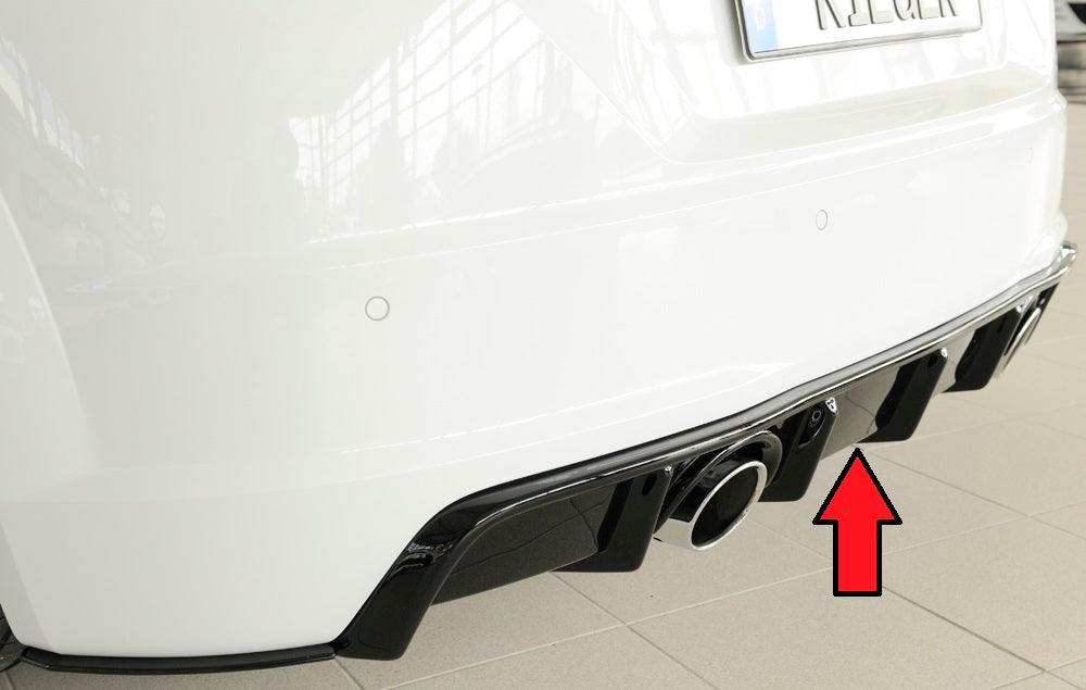 Audi TT (8J-FV/8S) Rieger Heckeinsatz  für orig. Endrohr li. u. re., ABS, schwarz glänzend, für Fzg.
mit S-Line Exterieur (bis Facelift), 
ohne S-Line Exterieur (ab Facelift), 
inkl. Montagezubehör, Gutachten