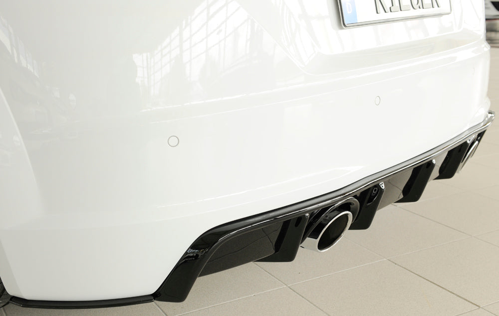 Audi TT (8J-FV/8S) Rieger Heckeinsatz  für orig. Endrohr li. u. re., ABS, schwarz glänzend, für Fzg.
mit S-Line Exterieur (bis Facelift), 
ohne S-Line Exterieur (ab Facelift), 
inkl. Montagezubehör, Gutachten