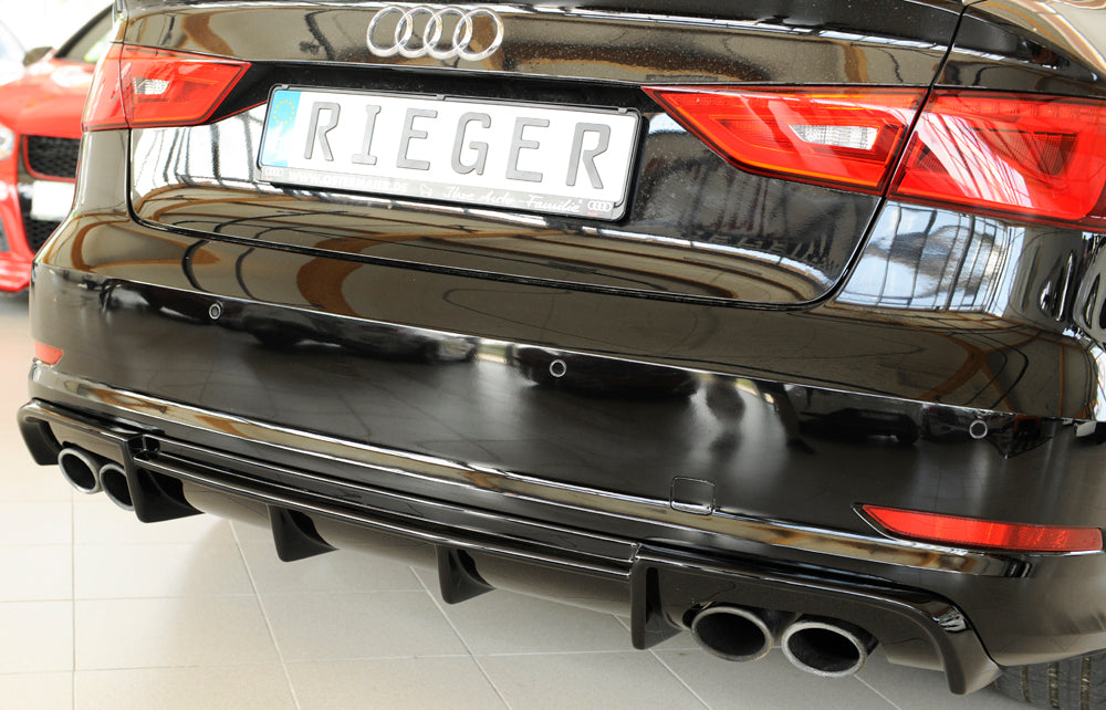Audi A3 S3 (8V) Rieger Heckeinsatz (Typ: 88158) nur S3 (8V) Limousine / Cabrio für orig. Doppelendrohr li u. re, ABS, schwarz glänzend, für Fzg. mit S-Line Exterieur, 
inkl. Montagezubehör, Gutachten