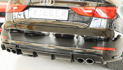 Audi A3 S3 (8V) Rieger Heckeinsatz (Typ: 88158) nur S3 (8V) Limousine / Cabrio für orig. Doppelendrohr li u. re, ABS, schwarz glänzend, für Fzg. mit S-Line Exterieur, 
inkl. Montagezubehör, Gutachten