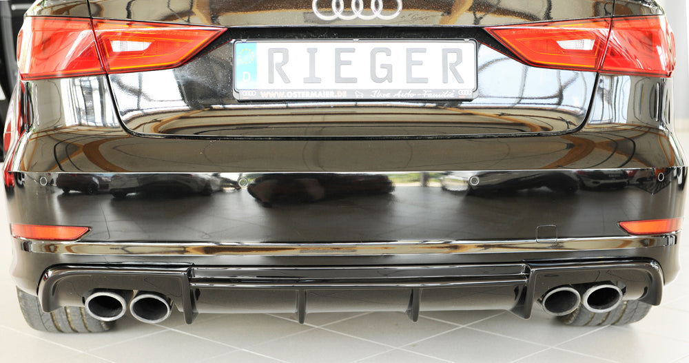 Audi A3 S3 (8V) Rieger Heckeinsatz (Typ: 88158) nur S3 (8V) Limousine / Cabrio für orig. Doppelendrohr li u. re, ABS, schwarz glänzend, für Fzg. mit S-Line Exterieur, 
inkl. Montagezubehör, Gutachten
