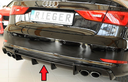 Audi A3 S3 (8V) Rieger Heckeinsatz (Typ: 88158) nur S3 (8V) Limousine / Cabrio für orig. Doppelendrohr li u. re, ABS, schwarz glänzend, für Fzg. mit S-Line Exterieur, 
inkl. Montagezubehör, Gutachten