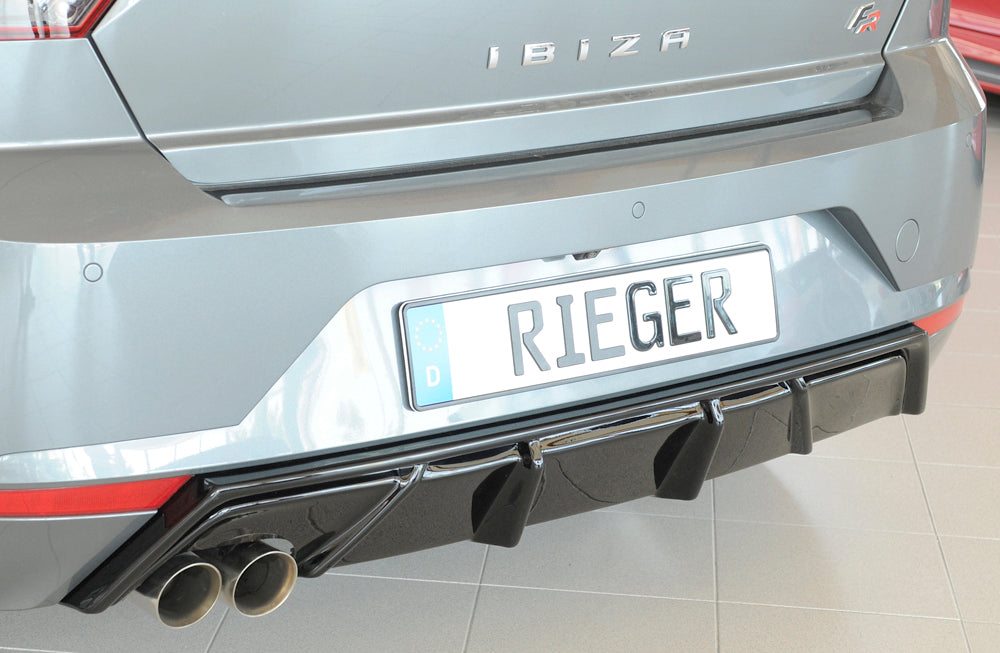 Seat Ibiza (KJ) Rieger Heckeinsatz mit Endrohraussparung für Sport-ESD links für Sportendrohr li., (2x76mm ø), ABS, schwarz glänzend, 
inkl. Montagezubehör, Gutachten