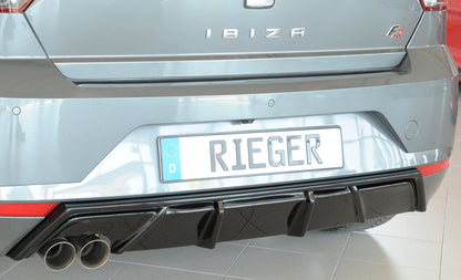 Seat Ibiza (KJ) Rieger Heckeinsatz mit Endrohraussparung für Sport-ESD links für Sportendrohr li., (2x76mm ø), ABS, schwarz glänzend, 
inkl. Montagezubehör, Gutachten