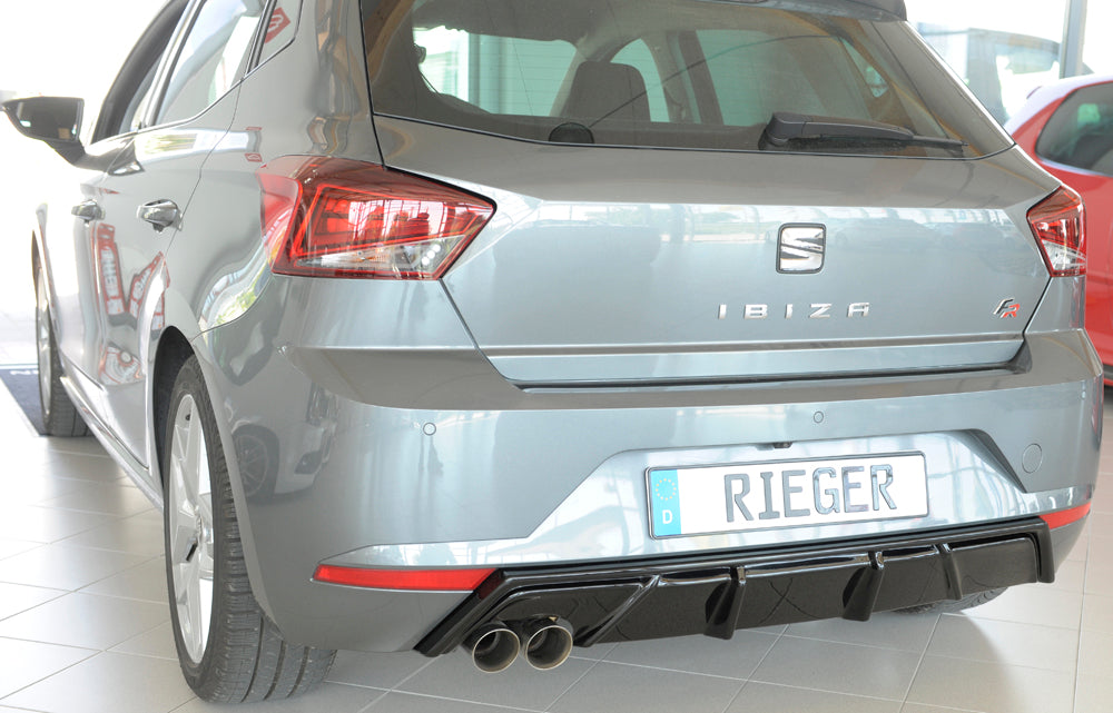 Seat Ibiza (KJ) Rieger Heckeinsatz mit Endrohraussparung für Sport-ESD links für Sportendrohr li., (2x76mm ø), ABS, schwarz glänzend, 
inkl. Montagezubehör, Gutachten