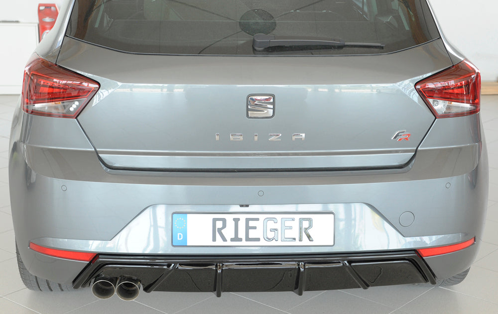 Seat Ibiza (KJ) Rieger Heckeinsatz mit Endrohraussparung für Sport-ESD links für Sportendrohr li., (2x76mm ø), ABS, schwarz glänzend, 
inkl. Montagezubehör, Gutachten