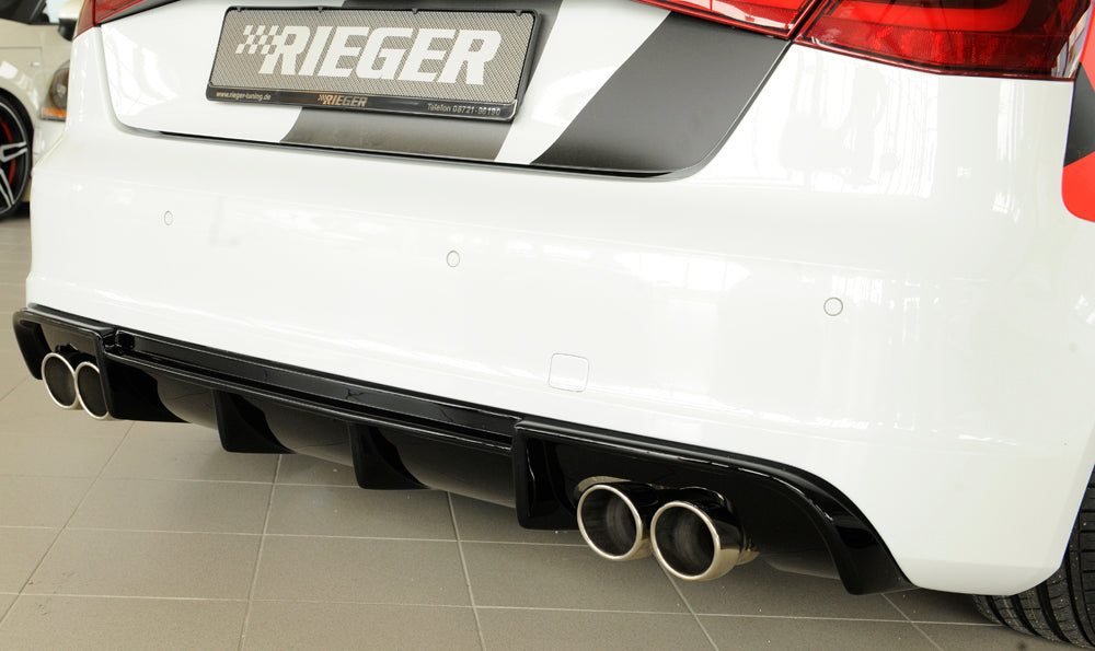 Audi A3 S3 (8V) Rieger Heckeinsatz (Typ: 88142)  für orig. Doppelendrohr li u. re, ABS, schwarz glänzend, für Fzg. mit S-Line Exterieur, 
inkl. Montagezubehör, Gutachten