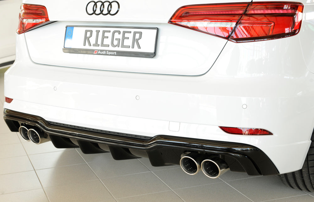 Audi A3 (8V) Rieger Heckeinsatz  für Doppelendrohr li. u. re., (4x90mm ø), ABS, schwarz glänzend, für Fzg. mit S-Line Exterieur, 
inkl. Montagezubehör, Gutachten