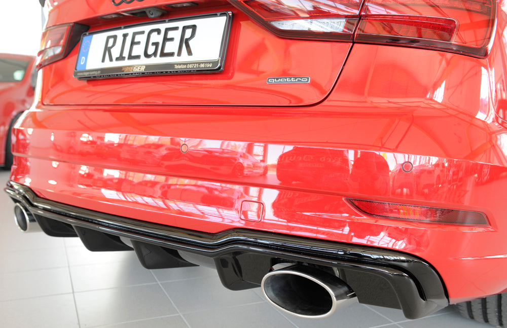 Audi A3 (8V) Rieger Heckeinsatz  für Sportendrohr li. u. re., (152x95mm oval), ABS, schwarz glänzend, für Fzg. mit S-Line Exterieur, 
inkl. Montagezubehör, Gutachten