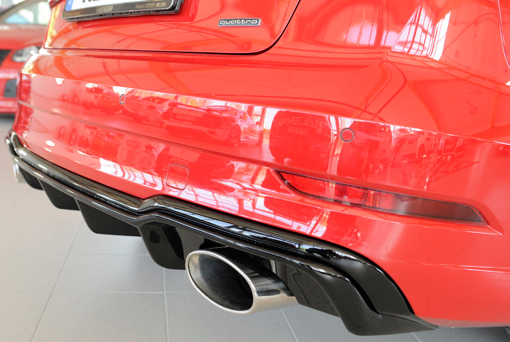 Audi A3 (8V) Rieger Heckeinsatz  für Sportendrohr li. u. re., (152x95mm oval), ABS, schwarz glänzend, für Fzg. mit S-Line Exterieur, 
inkl. Montagezubehör, Gutachten