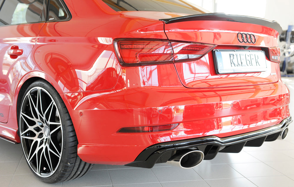 Audi A3 (8V) Rieger Heckeinsatz  für Sportendrohr li. u. re., (152x95mm oval), ABS, schwarz glänzend, für Fzg. mit S-Line Exterieur, 
inkl. Montagezubehör, Gutachten