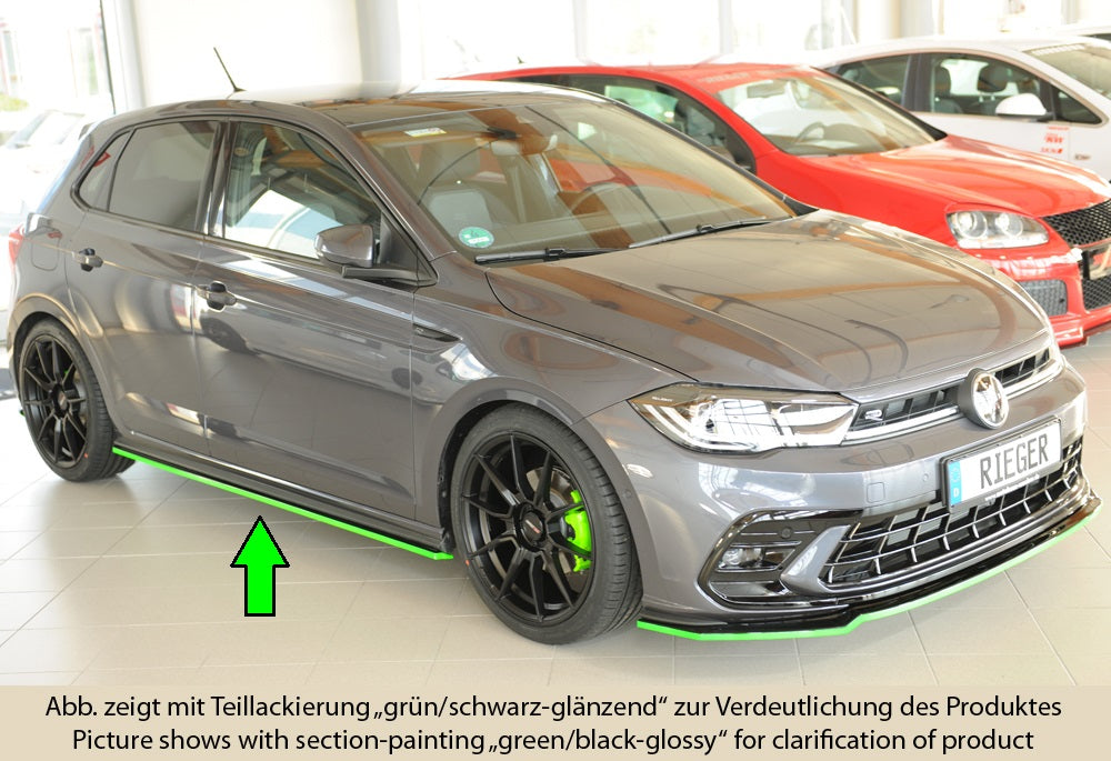 VW Polo (AW) GTI Rieger Seitenschwelleransatz rechts, für orig. Seitenschweller, ABS, schwarz glänzend, 
inkl. Montagezube...