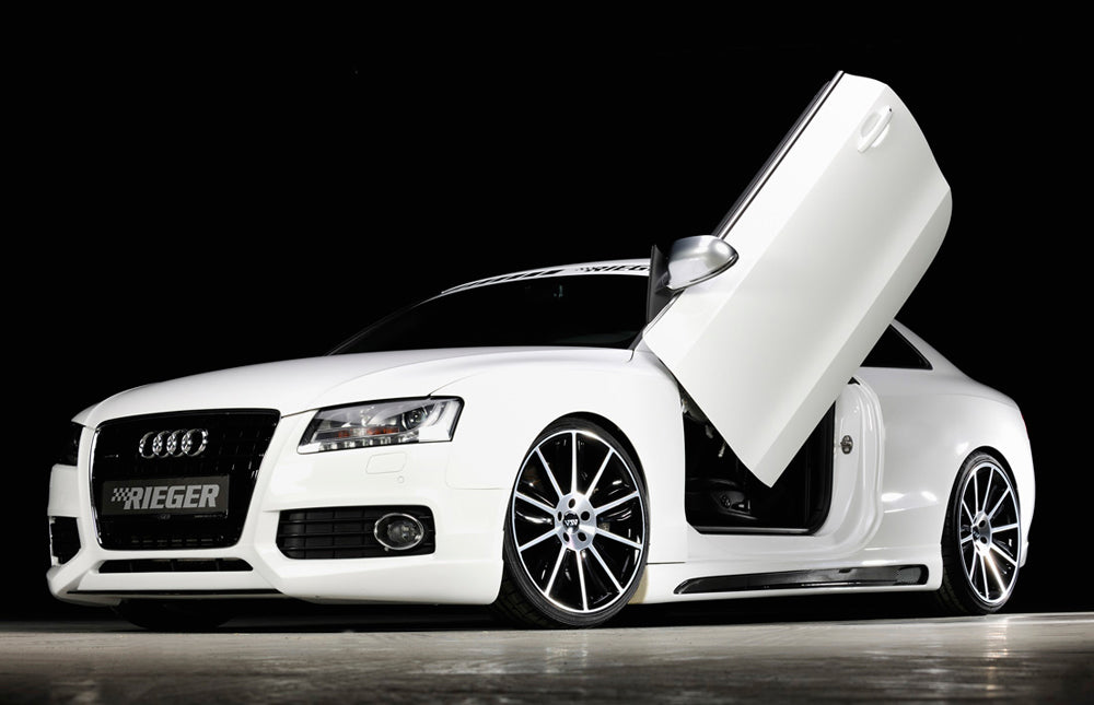 Audi A5 (B8/B81) Rieger Seitenschweller  links, mit Schacht, mit Ausschnitt, ABS, Carbon-Look, für Fzg. mit S-Line Exterieur und ohne S-Line Exterieur, 
inkl. Montagezubehör, Alugitter, Gutachten