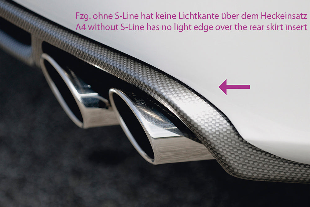 Audi A4 (B8/B81) Rieger Heckschürzenansatz  für Doppelendrohr li. u. re., (4x115x85mm oval), ABS, Carbon-Look, für Fzg. ohne S-Line Exterieur, 
inkl. Montagezubehör, Alugitter, Gutachten