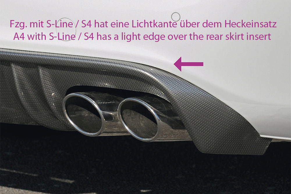 Audi A4 (B8/B81) Rieger Heckschürzenansatz  für Doppelendrohr li. u. re., (4x115x85mm oval), ABS, Carbon-Look, für Fzg. ohne S-Line Exterieur, 
inkl. Montagezubehör, Alugitter, Gutachten