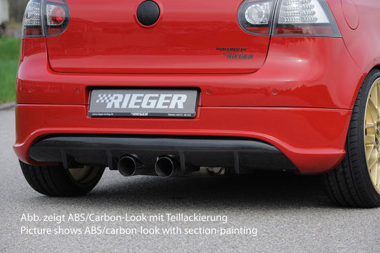 VW Golf 5 Rieger Heckschürzenansatz R-Look (Golf 5 u. Golf 5 GTI) für Doppelendrohr mittig, ABS, Carbon-Look, 
inkl. Montagezubehör, Gutachten