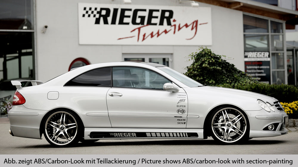 Mercedes CLK (W209) Rieger Seitenschweller  rechts, mit Schacht und 2 Ausschnitten, Carbon-Look, ABS, 
inkl. Alugitter, Montagezubehör, Gutachten