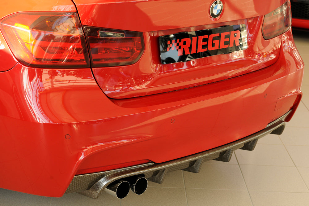 BMW 3er F30  (3L) Rieger Heckeinsatz nur für M-Paket-Heckschürze für orig. Doppelendrohr li, ABS, Carbon-Look, für Fzg. mit M-Technik, 
inkl. Montagezubehör, Gutachten